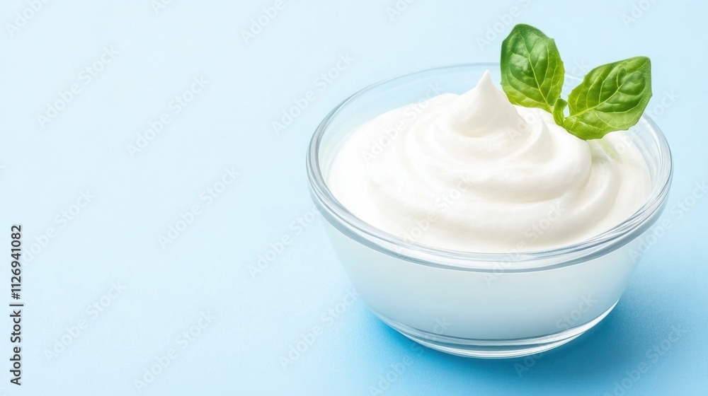 Fresh Creamy Yogurt in Glass Bowl with Mint Leaves on Light Blue Background Fresh Creamy Yogurt in Glass Bowl with Mint Leaves on Light Blue Background