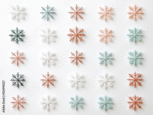 Colorful Snowflakes Arrangement on White Background for Winter and Holiday Themes in a Modern Aesthetic