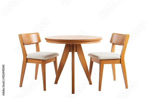 A wooden table with two chairs and a third chair is set up in front of it