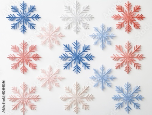 Colorful Paper Snowflakes Decoration on White Background for Winter and Holiday Seasonal Celebrations