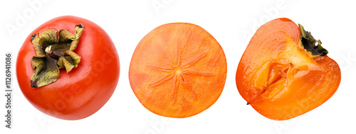 Set of persimmon fruit and two halves cut out on white.