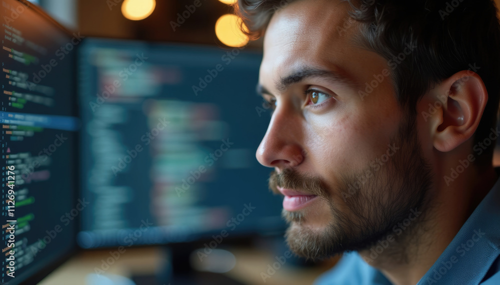 Focused programmer reviewing code on multiple monitors in a dimly lit room. Focused programmer reviewing code on multiple monitors in a dimly lit room.