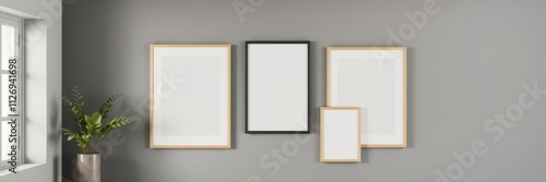 A collection of hanging gallery frames mockups on a white wall with varying sizes and styles, template, presentation