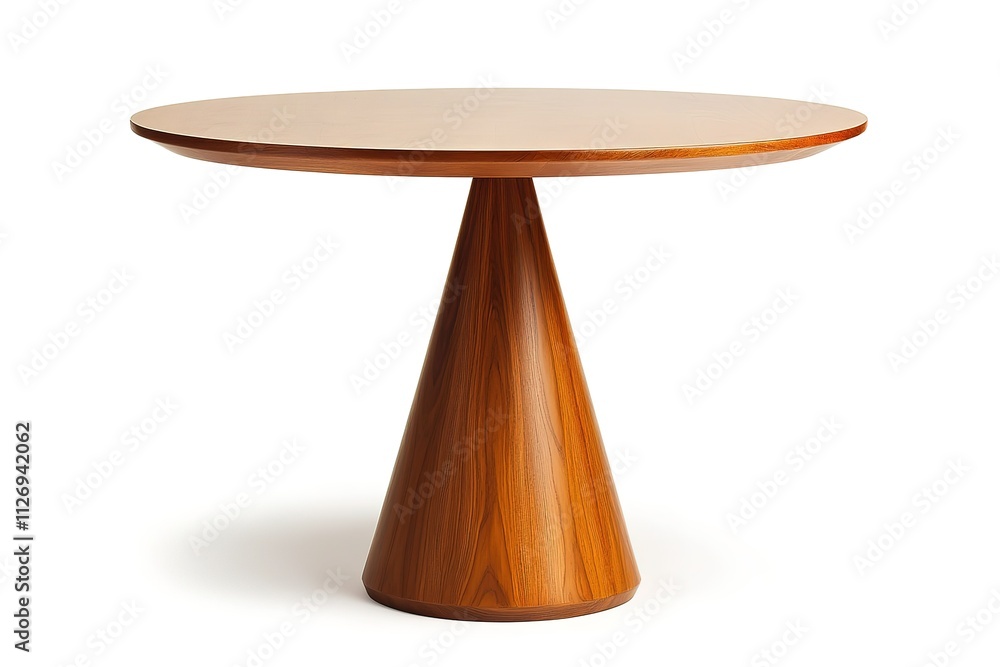 A wooden table with a round top and a cone shaped base