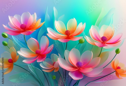 A vibrant digital illustration of colorful flowers with delicate petals and lush leaves