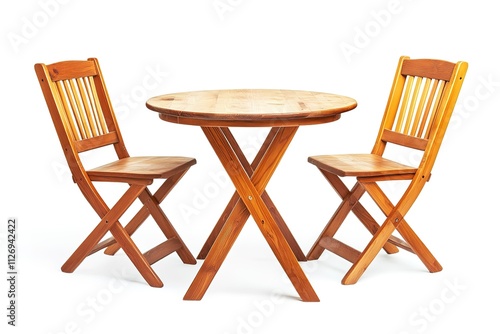 A wooden table with two chairs and a third chair in the background