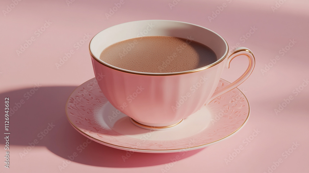 Elegant pink cup of coffee placed on matching saucer against a soft pastel background Elegant pink cup of coffee placed on matching saucer against a soft pastel background