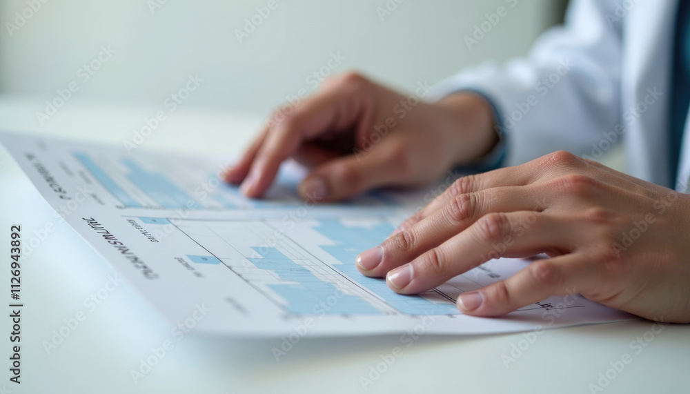 Close up of hands reviewing sales performance data with charts and graphs. Close up of hands reviewing sales performance data with charts and graphs.