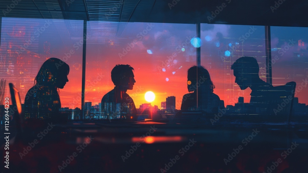 Silhouettes of people in a meeting against a sunset backdrop, conveying collaboration and reflection. Silhouettes of people in a meeting against a sunset backdrop, conveying collaboration and reflection.