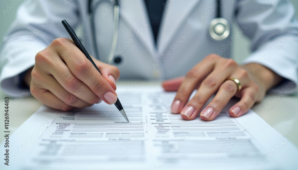 A doctor in a white coat fills out a medical form using a pen focusing on the details. A doctor in a white coat fills out a medical form using a pen focusing on the details.