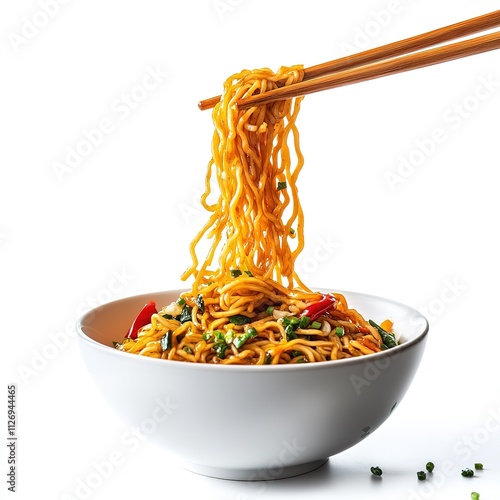 A bowl of noodles with chopsticks in the air