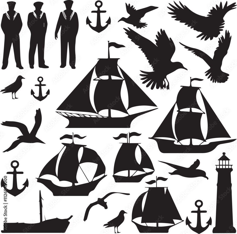 Obraz premium Sailor and sea elements vector silhouette