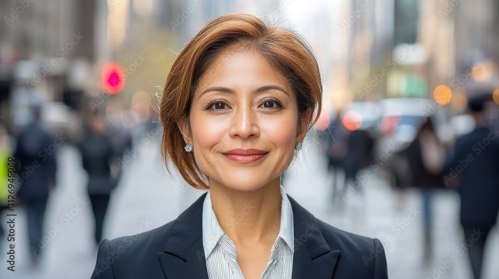 A confident, professional businesswoman with a warm smile stands on a bustling street, making eye contact with the camera as she exudes charisma and determination in her posture. A confident, professional businesswoman with a warm smile stands on a bustling street, making eye contact with the camera as she exudes charisma and determination in her posture.