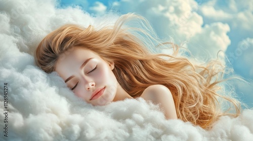 A woman with flowing hair peacefully sleeps on a fluffy white cloud, cradled in its soft embrace as she drifts into a dream filled slumber.