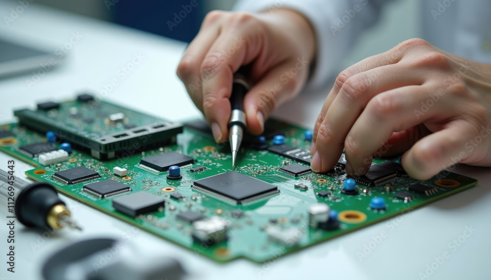 Close up of technician meticulously installing microchips onto a printed circuit board. Close up of technician meticulously installing microchips onto a printed circuit board.