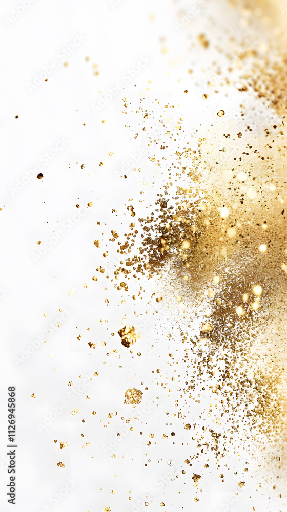 White background, gold particles, glitter on blurred background with a bokeh effect White background, gold particles, glitter on blurred background with a bokeh effect