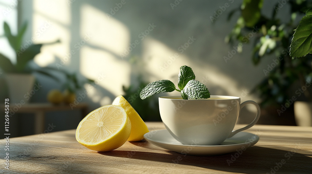 Fresh lemon and mint herbal tea in white cup on wooden table in bright sunlight Fresh lemon and mint herbal tea in white cup on wooden table in bright sunlight