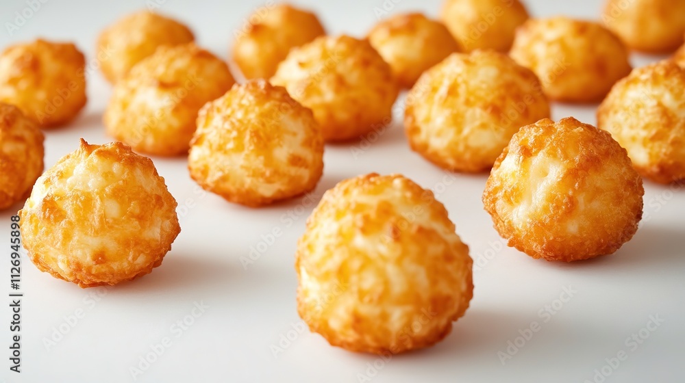 close-up of crispy cheese puffs neatly aligned on smooth white background under diffused lighting close-up of crispy cheese puffs neatly aligned on smooth white background under diffused lighting
