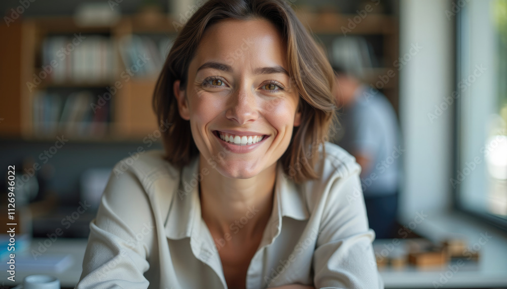 A happy woman smiles warmly at the camera creating a positive and approachable image. A happy woman smiles warmly at the camera creating a positive and approachable image.