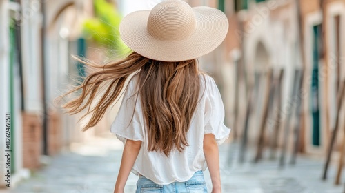 The girl, with her long brown hair flowing down her back, is wearing a wide brimmed hat that shields her from the bright sun as she navigates the winding streets of the historic city