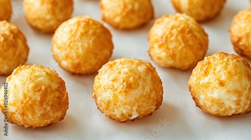 close-up of crispy cheese puffs neatly aligned on smooth white background under diffused lighting