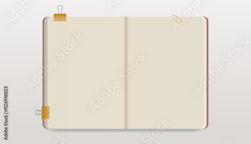 Open sketchbook with binder and clip. Blank notebook ivory color paper sheets. Realistic illustration