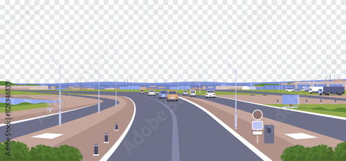 Highway roads with vehicles traffic perspective view on transparent isolated background. Simple vector roadway elements illustration