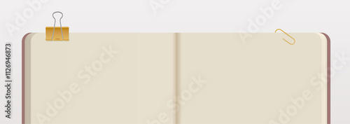 Fragment of open sketchbook ivory color paper sheets. Banner vector template illustration