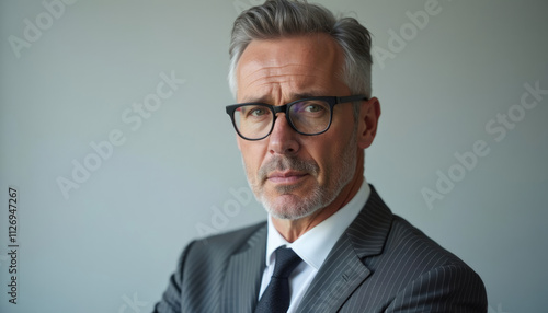 A serious mature businessman in a pinstripe suit and glasses.