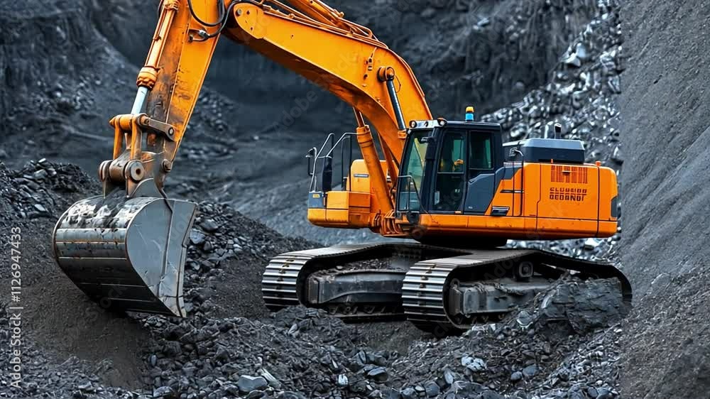 Excavator working in a quarry to move rock and dirt during daylight hours Excavator working in a quarry to move rock and dirt during daylight hours