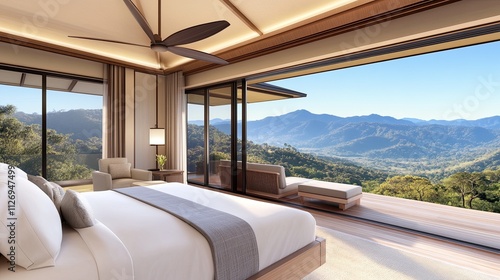 Wallpaper Mural Serene Modern Bedroom with Panoramic Mountain View in Bright Natural Light, Ideal for Relaxation and Inspiration Torontodigital.ca