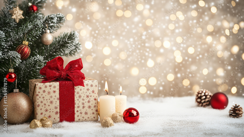 Winter Wonderland Gift: A beautifully wrapped present sits under a snowy Christmas tree, adorned with twinkling lights and festive ornaments. Candles flicker softly, casting a warm glow on the scene. Winter Wonderland Gift: A beautifully wrapped present sits under a snowy Christmas tree, adorned with twinkling lights and festive ornaments. Candles flicker softly, casting a warm glow on the scene.