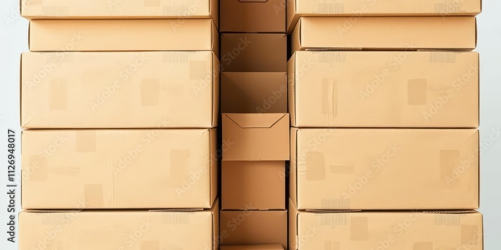 Brown cardboard boxes stacked in a neat pile for recycling on a white background, packaging, recycle Brown cardboard boxes stacked in a neat pile for recycling on a white background, packaging, recycle