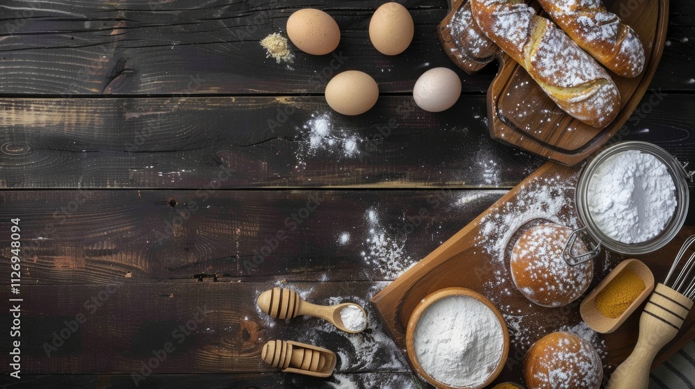 Rustic baking ingredients with bread and wooden utensils Rustic baking ingredients with bread and wooden utensils
