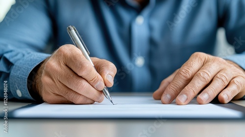 The image shows a close up of a male politician as he sits at a table, signing a document during a political summit or conference photo