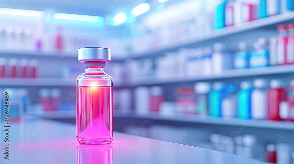 Bright pink liquid in a glass vial with a silver cap on a pharmacy counter surrounded by shelves of medicine bottles Bright pink liquid in a glass vial with a silver cap on a pharmacy counter surrounded by shelves of medicine bottles