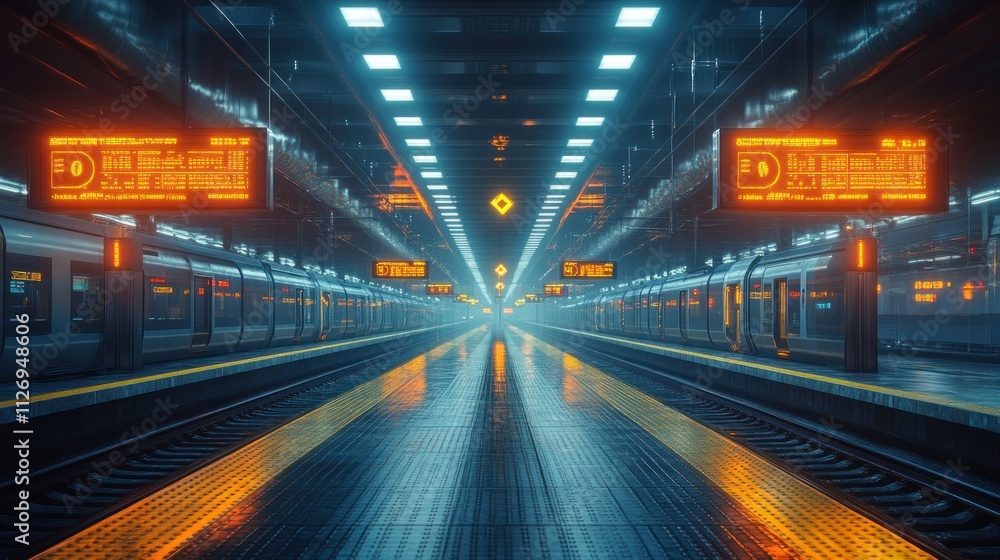 Futuristic train station with glowing signage. Futuristic train station with glowing signage.