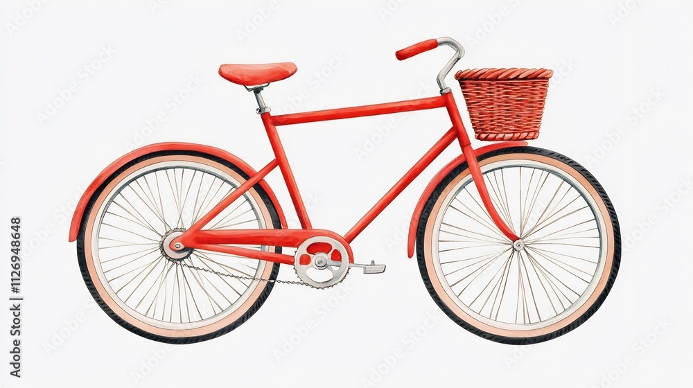 Fototapeta premium Vintage Red Bicycle with Basket,Isolated on White Background