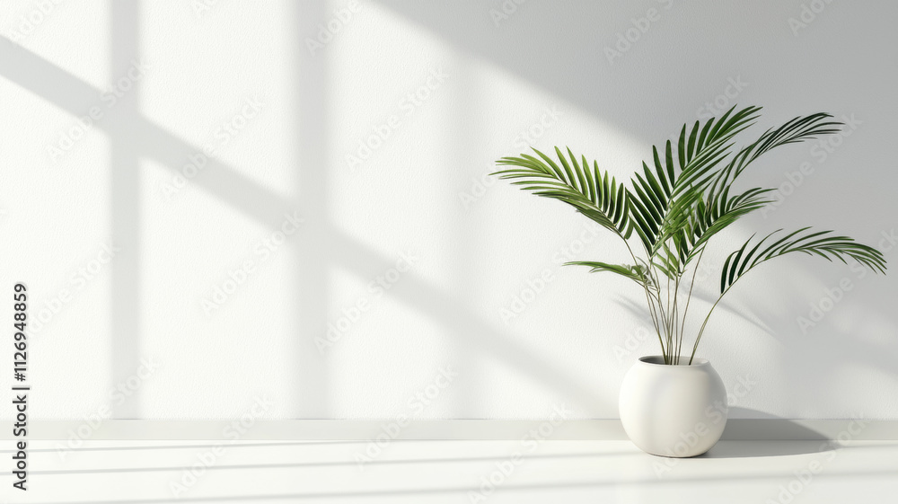 A green potted palm placed against a plain white wall, illuminated by soft natural light casting linear shadows A green potted palm placed against a plain white wall, illuminated by soft natural light casting linear shadows