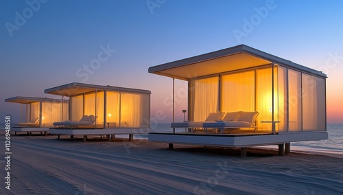 Modern beach cabanas illuminated at dusk, offering a serene retreat by the ocean.