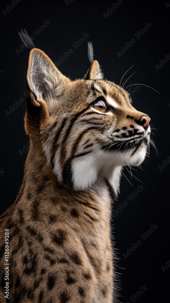 Fototapeta premium A close-up portrait of a lynx gazing upward against a dark background.