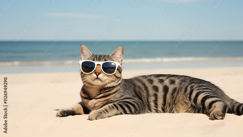 A relaxed cat wearing stylish sunglasses lounges on a sandy beach under a bright blue sky, with a calm sea in the background. The serene atmosphere captures the essence of summer A relaxed cat wearing stylish sunglasses lounges on a sandy beach under a bright blue sky, with a calm sea in the background. The serene atmosphere captures the essence of summer