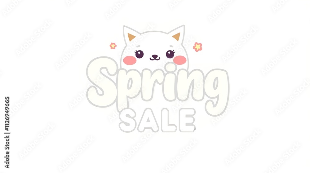 Cute Spring Sale text with a smiling cat and floral accents on a light background Cute Spring Sale text with a smiling cat and floral accents on a light background