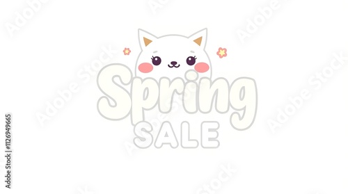 Cute Spring Sale text with a smiling cat and floral accents on a light background