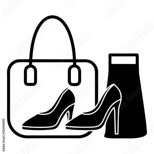 High end accessories (designer bags, shoes) silhouette icon vector illustration on white background.