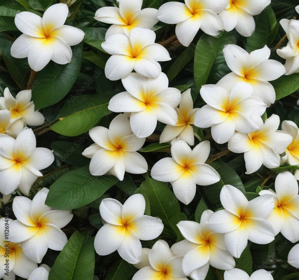 Fototapeta premium Fresh white plumeria flowers with green leaves background, white, flora