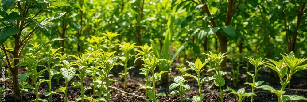 Obraz premium Coffee bean seedlings growing in a beautiful green nature background, natural, green