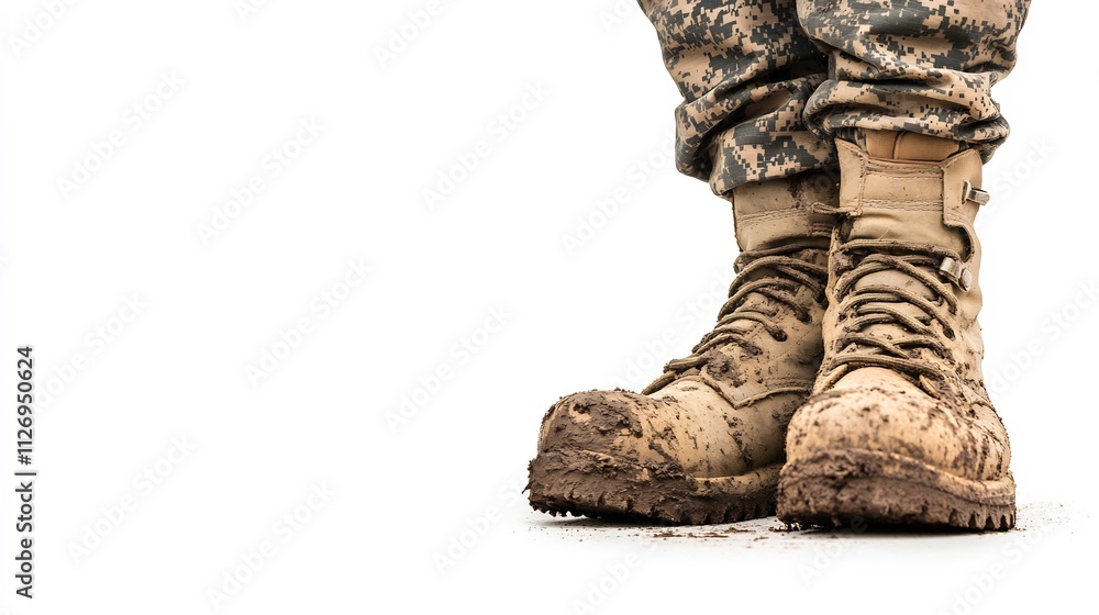 Rugged Military Boots Covered in Mud from Intense Field Rugged Military Boots Covered in Mud from Intense Field