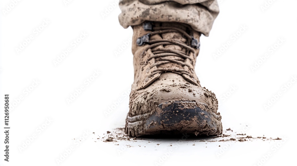 Weathered Military Boots with Mud Splatter on White Background Weathered Military Boots with Mud Splatter on White Background