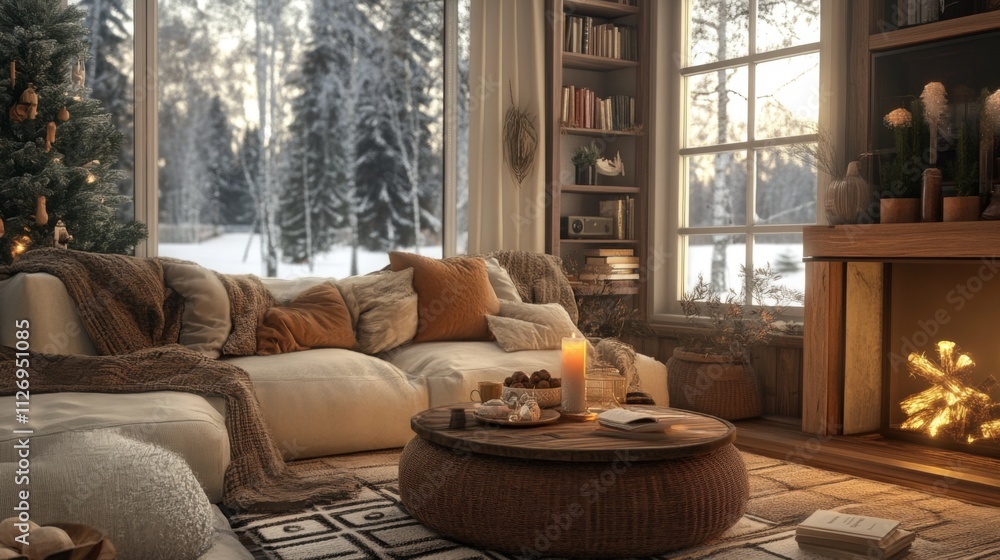 Obraz premium Cozy Winter Cabin Living Room with Fireplace and Christmas Tree